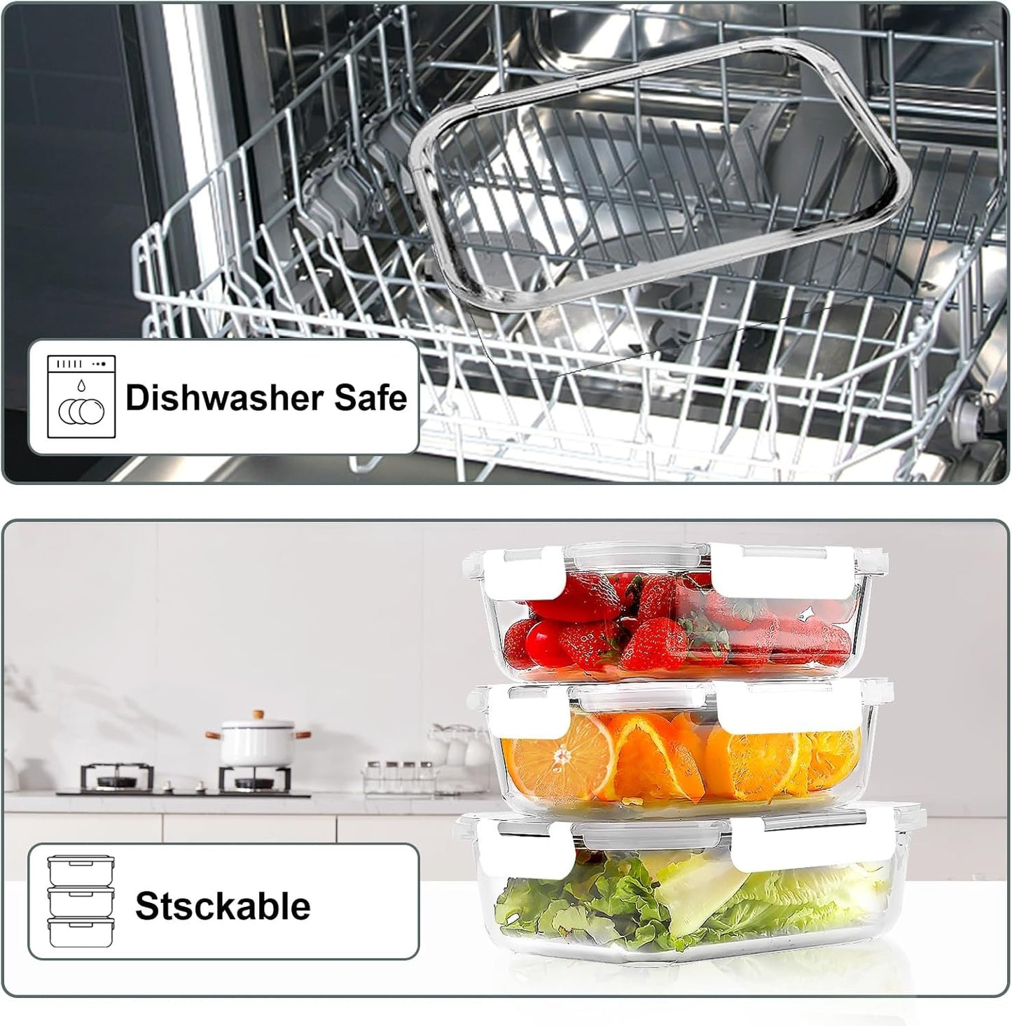 VERONES 10 Pack 22 OZ Glass Meal Prep Containers, Airtight Glass Lunch Containers Set,Glass Food Storage Containers with Lids,BPA Free, for Microwave, Oven, Freezer & Dishwasher Friendly,White