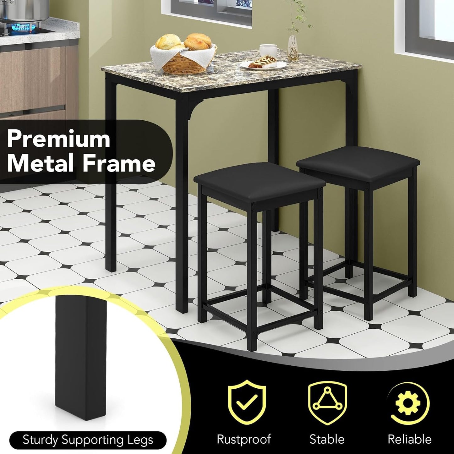COSTWAY Small Dining Table for 2, Space Saving Dinette Set w/Counter Height Table & 2 Upholstered Bar Stools, Breakfast Nook Table Set, 3-Piece Kitchen Table Chairs Set for 2 for Dorm (Mixed Black)