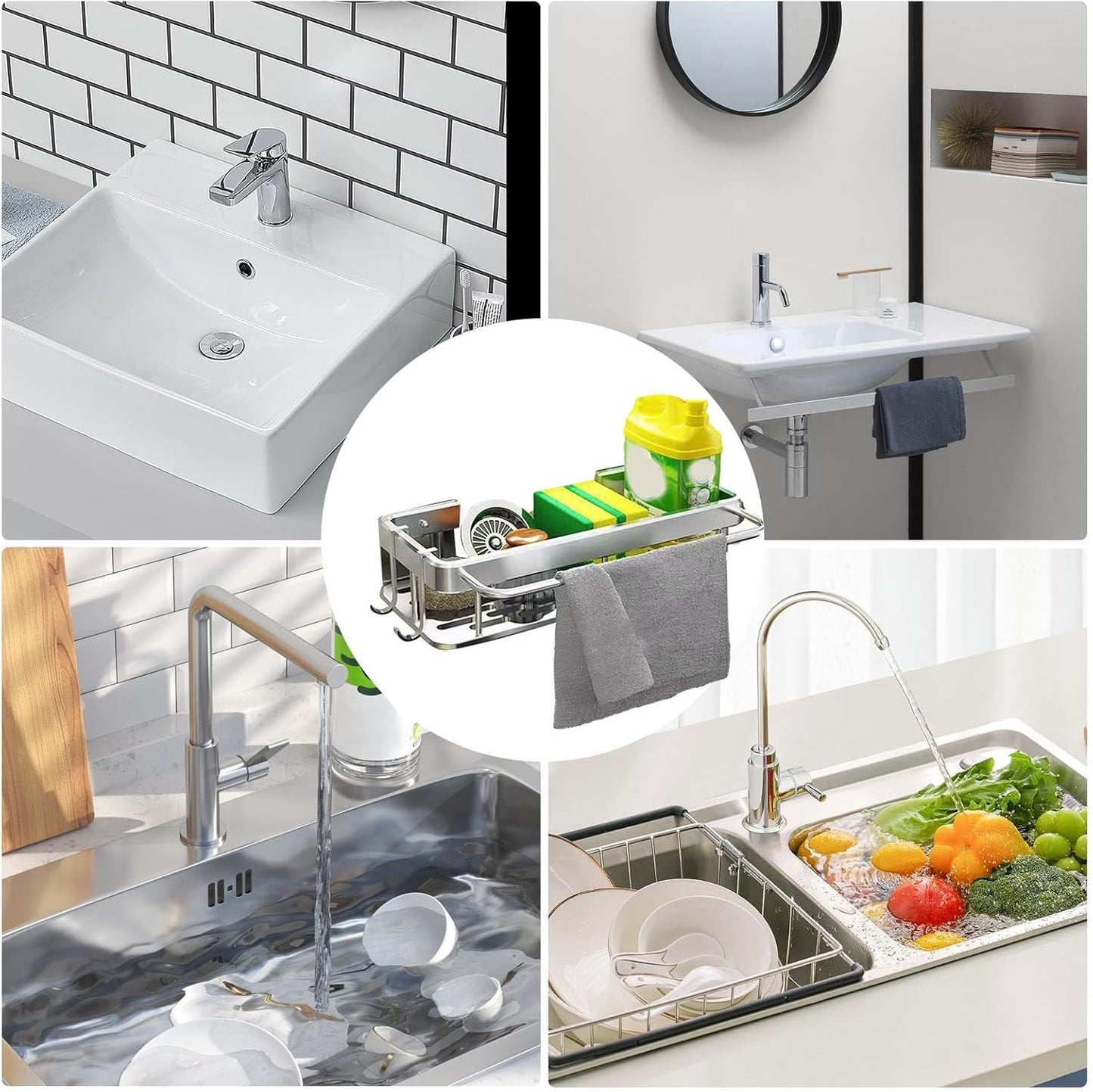 Gvblkq Kitchen Sink Organizer, Sponge Rack, No Drilling Installation, Compact Storage Basket, Brush Holder Design, Rust Resistant Material, for Sponges, Wipes, Cleaning Solution, 30.5x13x5.5cm