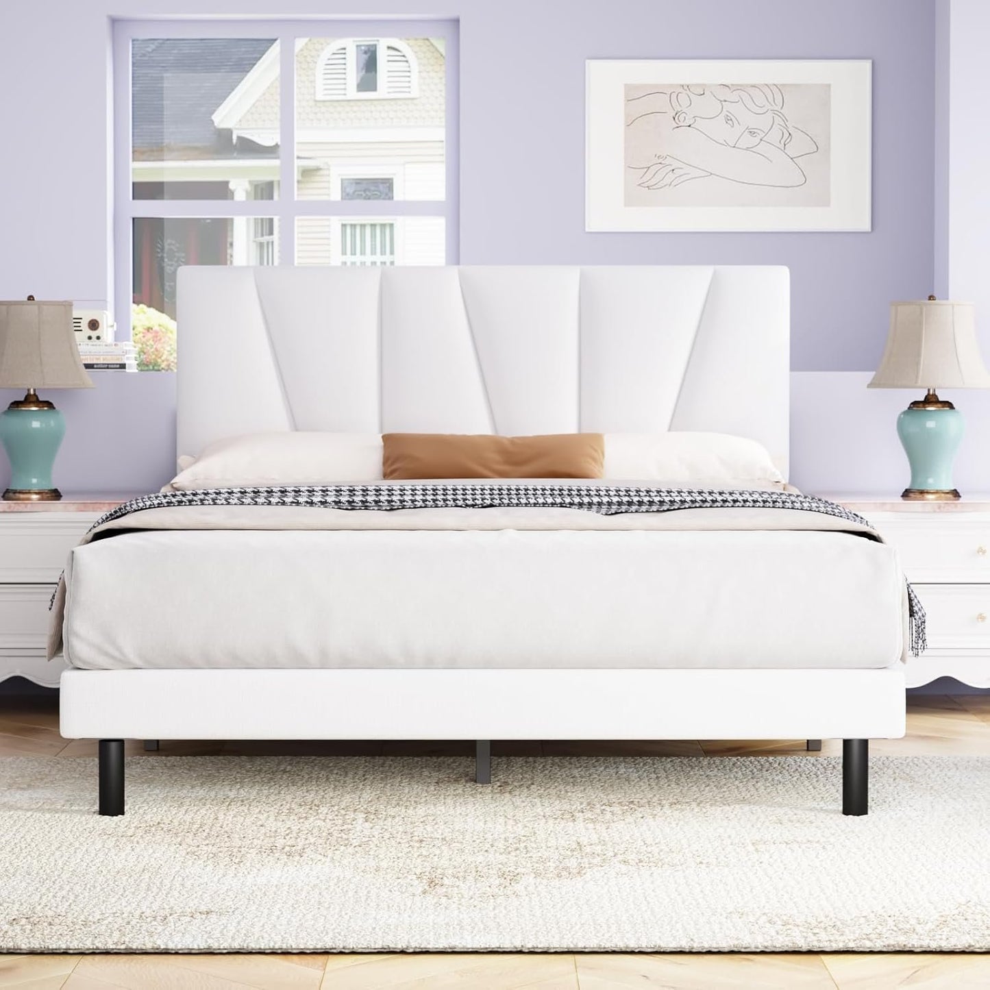 Queen Bed Frames with Upholstered Headboard,Linen Fabric Wrap,Strong Steel and Wooden Slats Support,No Box Spring Needed,Non Slip and Noiseless,Easy Assembly, Queen White Bed