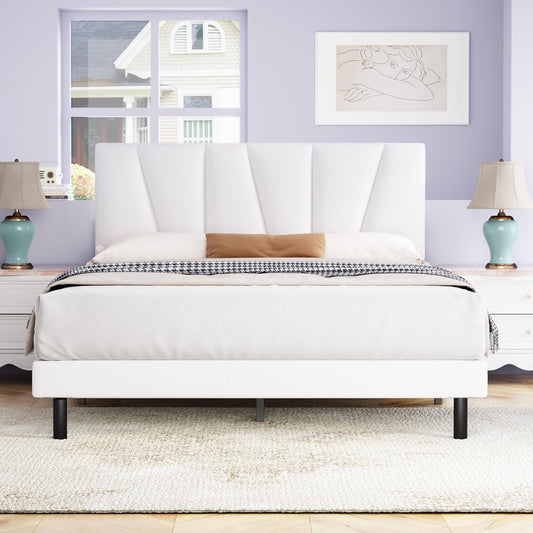 Queen Bed Frames with Upholstered Headboard,Linen Fabric Wrap,Strong Steel and Wooden Slats Support,No Box Spring Needed,Non Slip and Noiseless,Easy Assembly, Queen White Bed