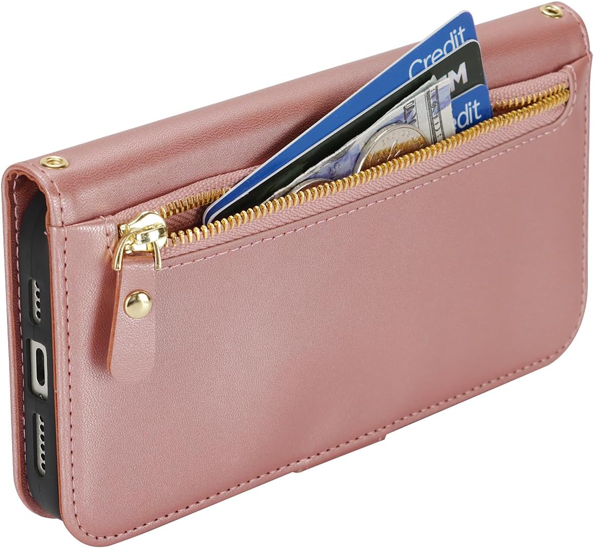 Cavor for iPhone 12/12 Pro Case Adjustable Crossbody Wallet with Card Holder Kickstand Long Shoulder Lanyard Wrist Strap PU Leather Magnetic Flip Cover Phone Zipper Pocket-Rose