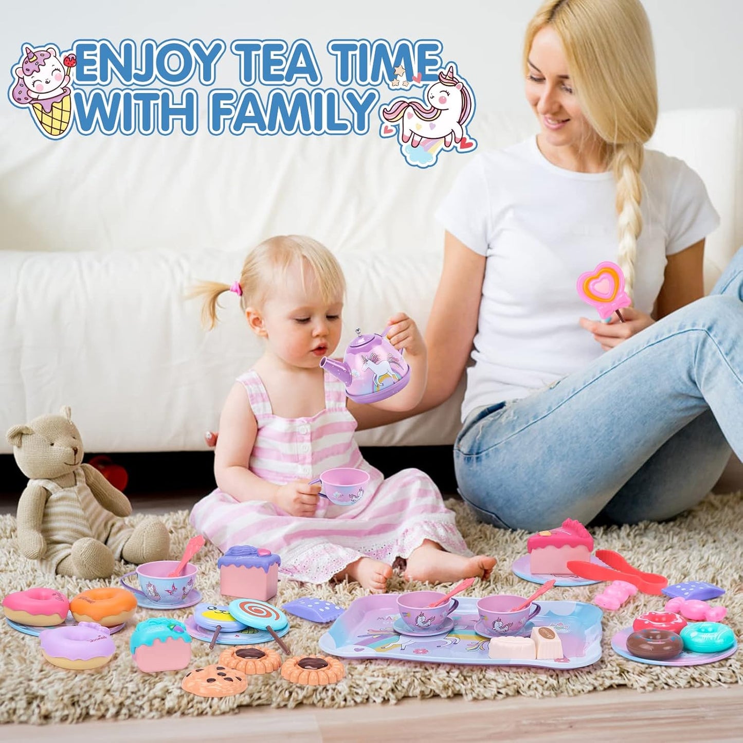 REMOKING Unicorn Toys for Girls,48 PCS Kids Tea Set for Kids,Pretend Toy with Play Desserts,Tin Teapot,Educational Play Food Princess Toy Gift,Toddler Toys for 3-7 Year Old Girls Boys