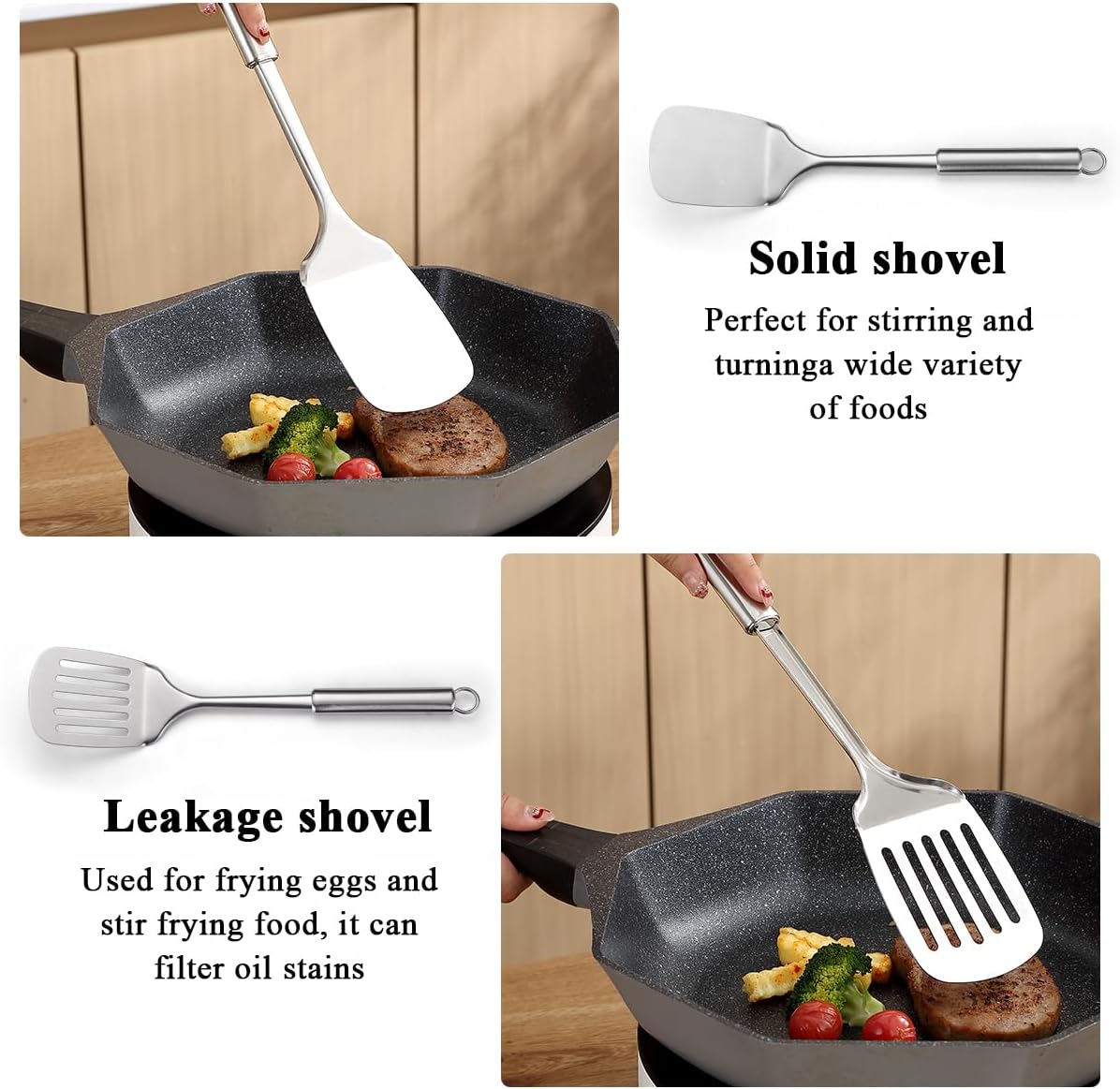 ReaNea Stainless Steel Cooking Utensils Set 4 Pieces, Kitchen Tools Set Include Metal Spatula Set, Kitchen Skimmer, Soup Ladle, Kitchen Gadgets Essentials New Home Must Have