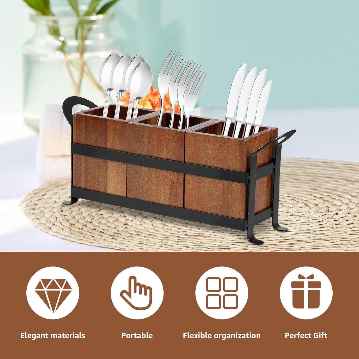 PHWRECZ Utensil Caddy 3 Compartments Wood Utensil Organizer Cutlery Holder for Spoons Fork Multifunctional Cutlery Storage Holder with Handle Removable Kitchen Utensil Holder 13.2×3.66×5.5 Inch