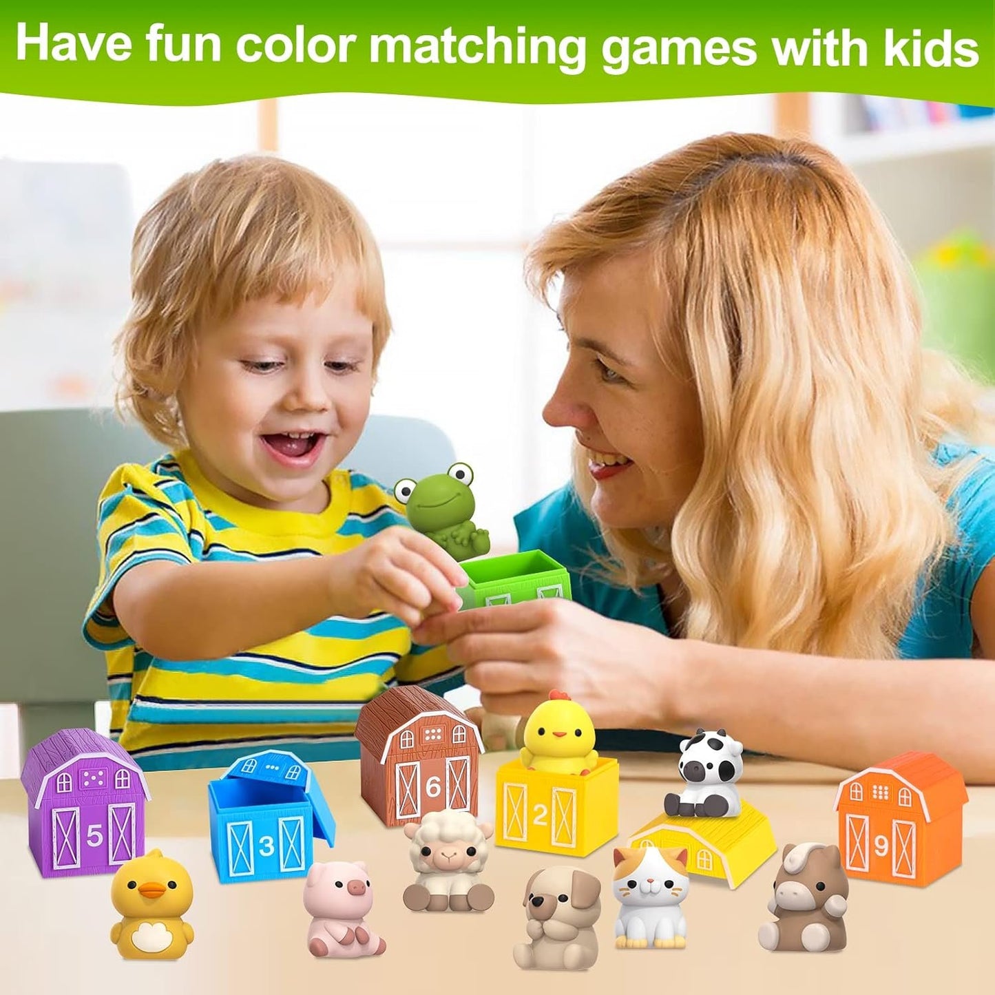 Learning Toy for Toddlers 1 2 3 Year Old, 10 Farm Animal Toys & 10 Barns, Counting, Matching & Sorting Montessori Educational Sensory Toys, Christmas Birthday Baby Boy Girl 1-3