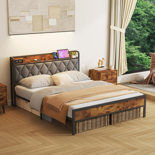 ADVWIN Double Size Bed Frame, Storage Tufted Headboard & Charging Station and USB Ports, Industrial Upholstered Platform Bed, No Box Spring Needed, Rustic Brown & Gray(Double)