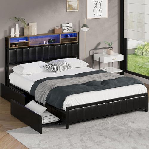 Oikiture Queen Size Bed Frame with 5 LED Open Display Shelves and 4 Drawers Metal Queen Bed with Bed Head Black