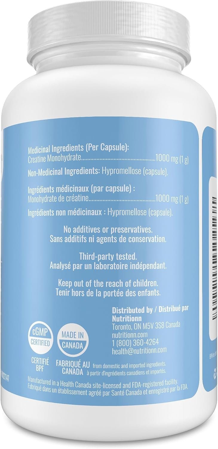Creatine Capsules - 100% Creatine Monohydrate 1000 mg x 150 Pills (3-5 g Serving) - Made in Canada - Premium Strength and Muscle Growth Supplement by Nutritionn