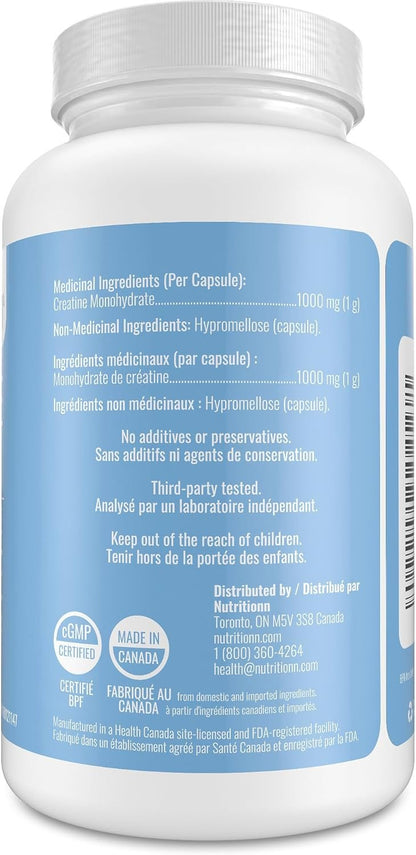 Creatine Capsules - 100% Creatine Monohydrate 1000 mg x 150 Pills (3-5 g Serving) - Made in Canada - Premium Strength and Muscle Growth Supplement by Nutritionn