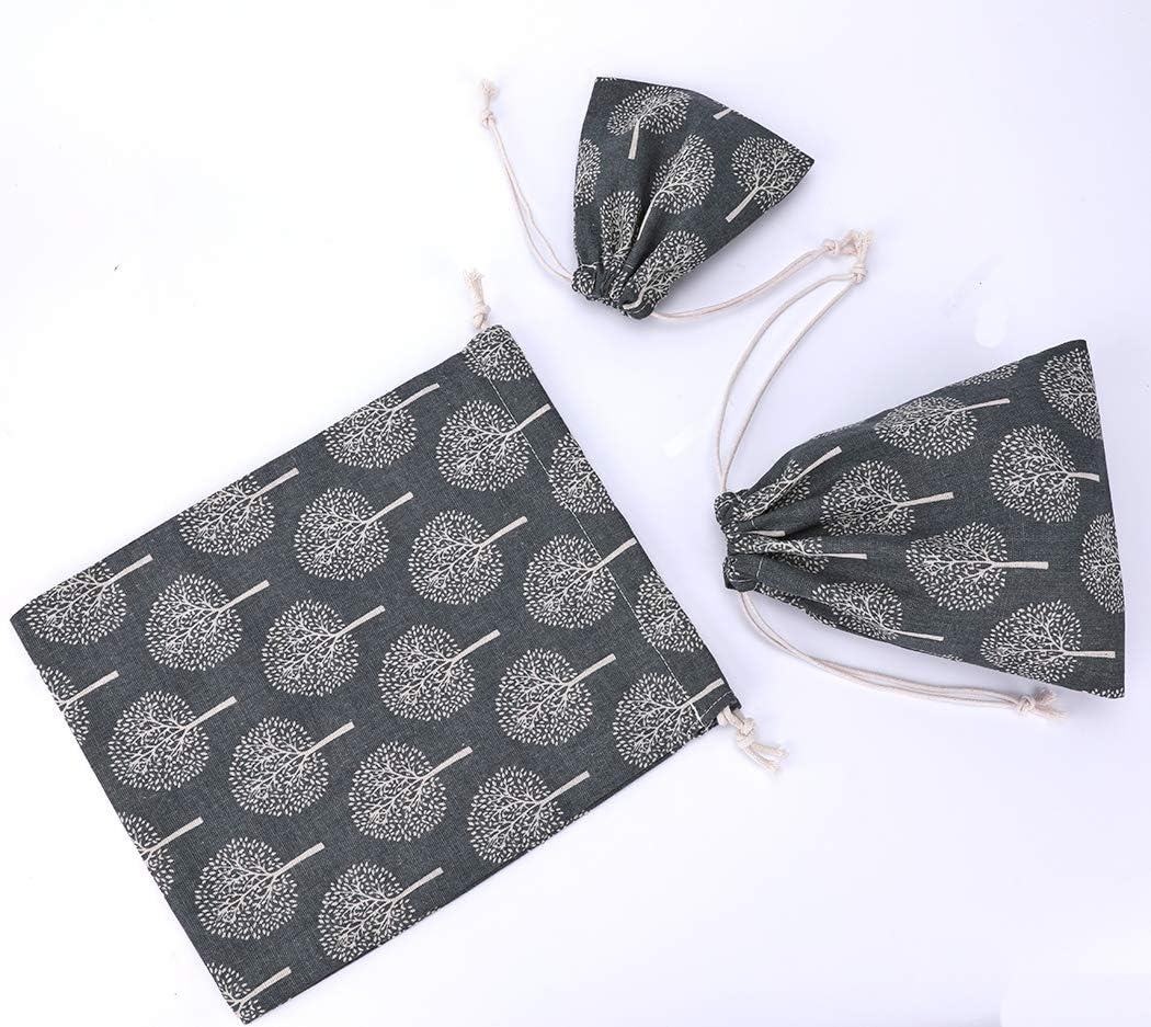 Amoyie Set of 4 Bags Organizer with Drawstring, Canvas Bag for Clothes Toys Travel Accessories (4 Different Sizes) - Grey Tree