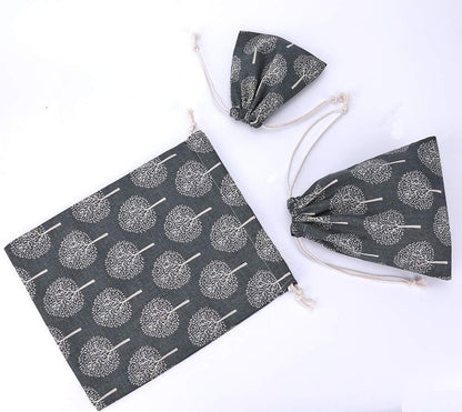 Amoyie Set of 4 Bags Organizer with Drawstring, Canvas Bag for Clothes Toys Travel Accessories (4 Different Sizes) - Grey Tree