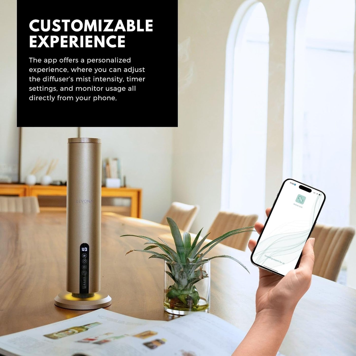 Levona Scent Essential Oil Diffuser - Cold Air Diffuser, Waterless Plug-in Aroma with Night Light, App Controlled - for Home, Office & Hotel - Covers 1000 sq ft - Acasa 1000, Gold (Oil Not Included)