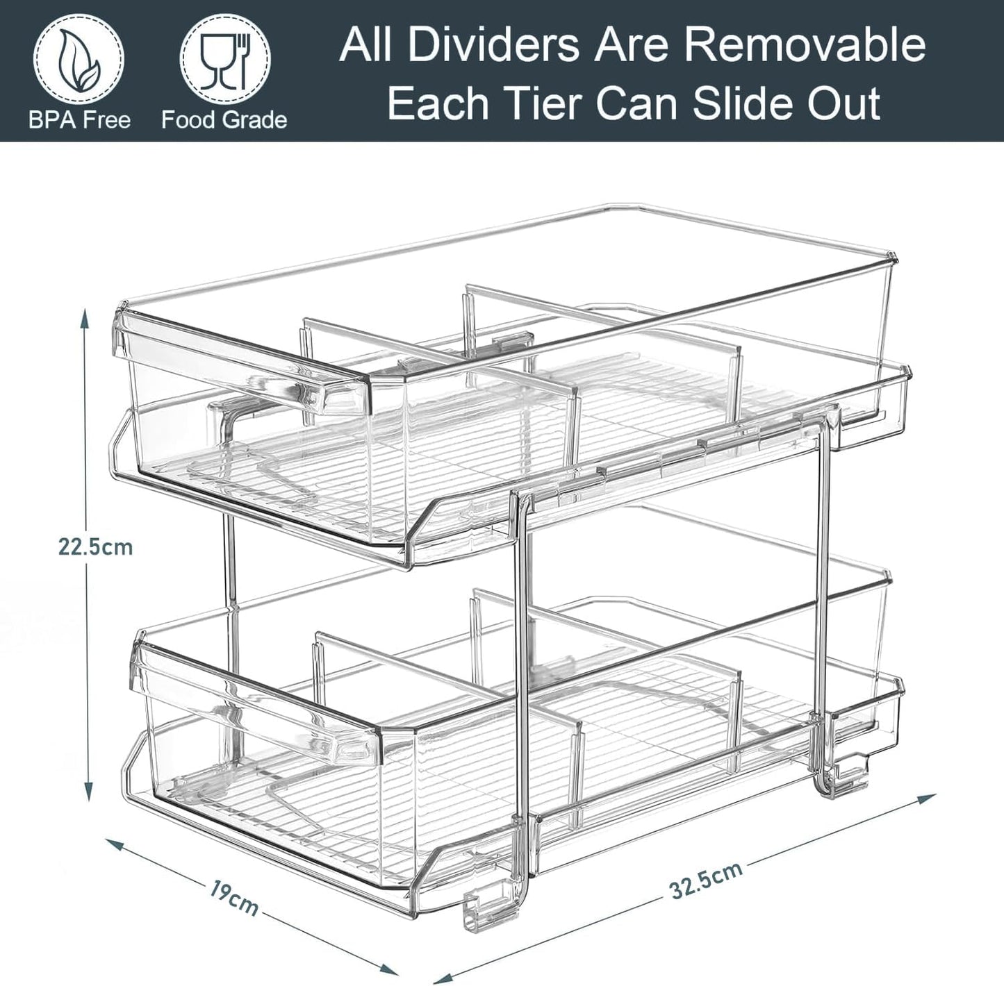 2 Sets of 2 Tier Clear Organizer with Dividers, Bathroom Organizers and Storage, Pull Out Under Sink Organizer, Closet Organizers and Storage, Kitchen Organizers and Storage