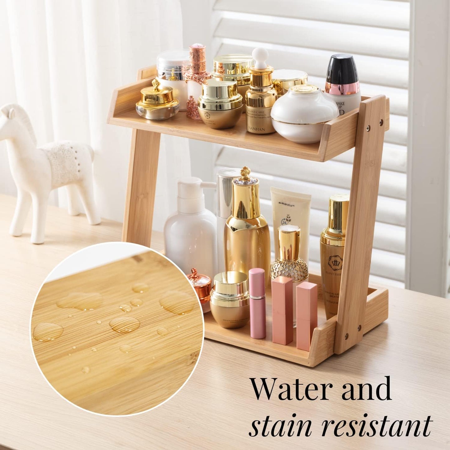 GOBAM Bamboo Makeup & Countertop Organizer, Small - 2 Layer Cosmetics, Lipsticks, Jewelry, Brushes, Hair Accessories & Perfume Organizer for Dresser, Easy Assembly - Natural