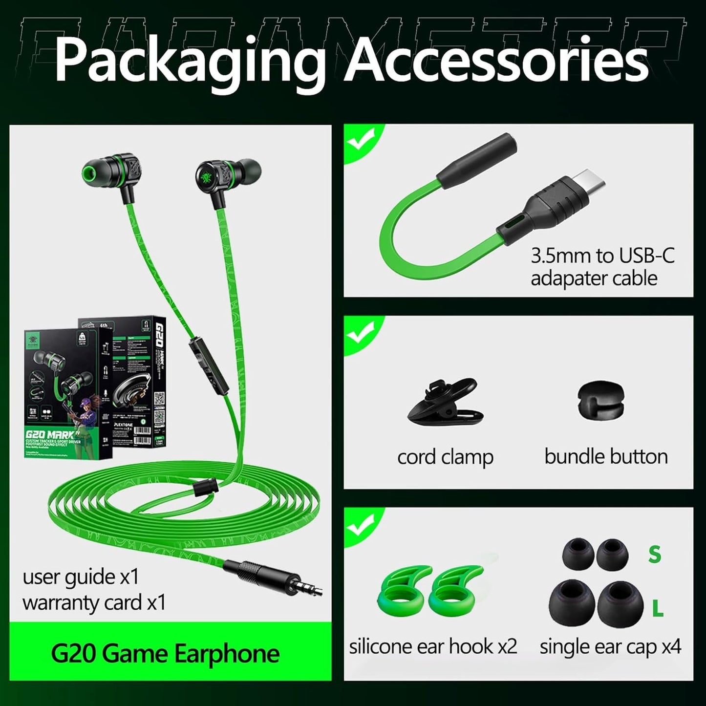 Gaming Headset with HD Microphone, 3.5mm Noise Isolating Gaming Headphones with Type-C Connector, FootFirst Surround Sound Magnetic Game Earbuds for iPhone, Switch, PS5, Xbox One, iPad, PC, Green