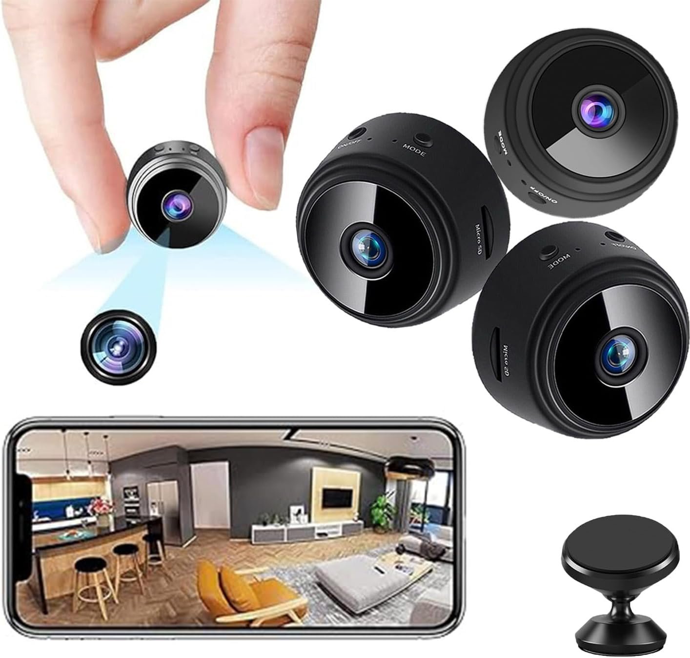 Suonady-Spy Focus Magnetic Mini Security Camera 3pack Mini Surveillanc Camer WiFi Wireless Small Security Camera for Home Indoor/Outdoor Black