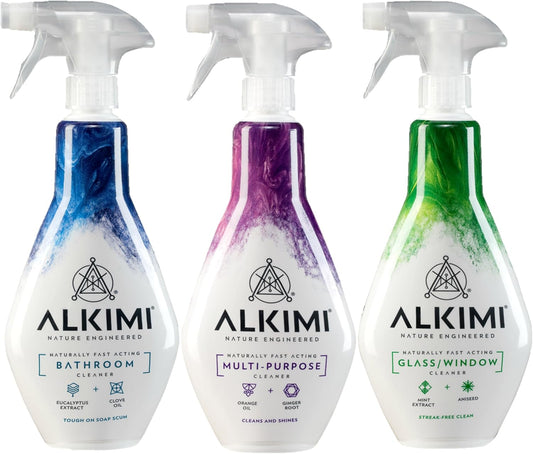 ALKIMI Home Essentials Cleaning, Variety Pack of 3 – Multipurpose, Bathroom & Glass Window Cleaner Spray – Natural Household Supplies Antibacterial Eco Cleaning Sprays