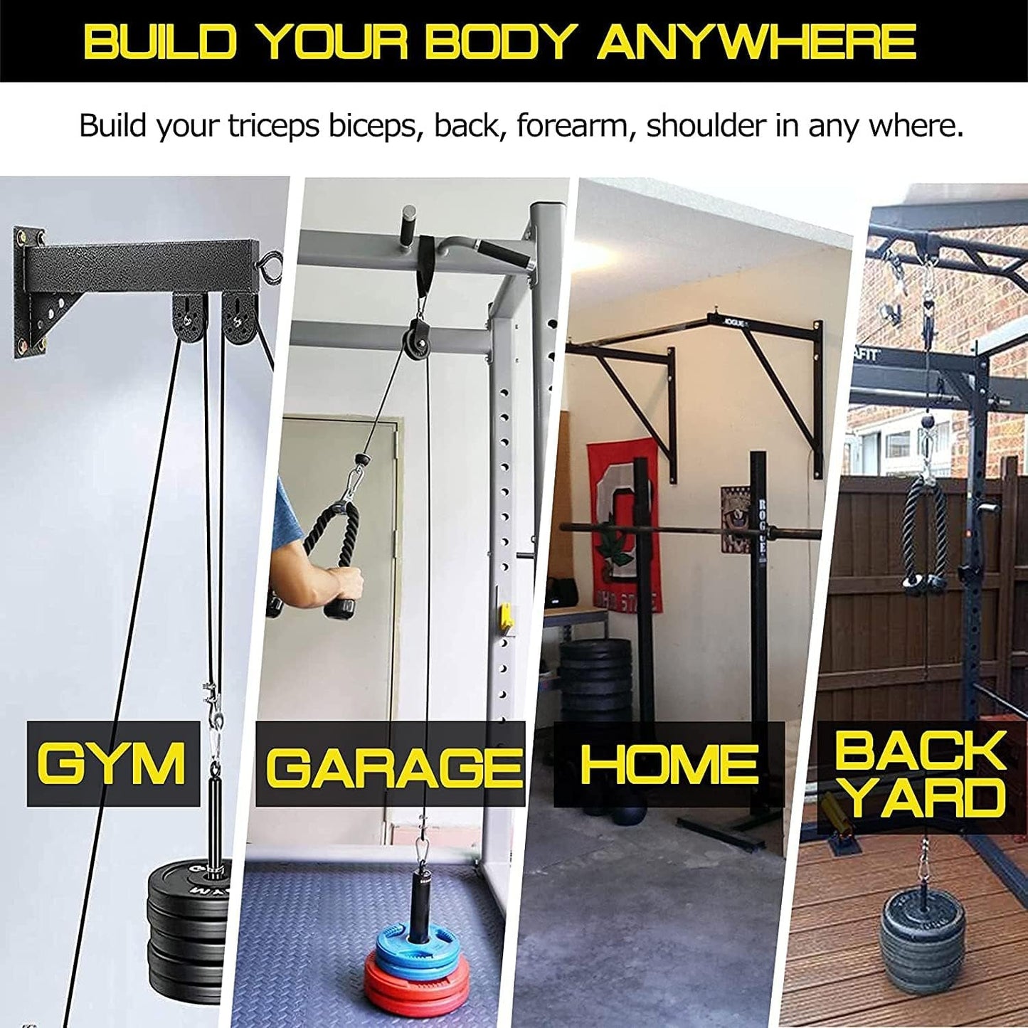 Pulley System for Exercise, 3 in 1 Pulley Cable System with LAT Pulldown Bar/ Tricep Rope/ 2M Gym Cable, Pro Weight Pulley System for Shoulder/Gym, Home Pulley Gym, Fitness Pulley Machine Attachments