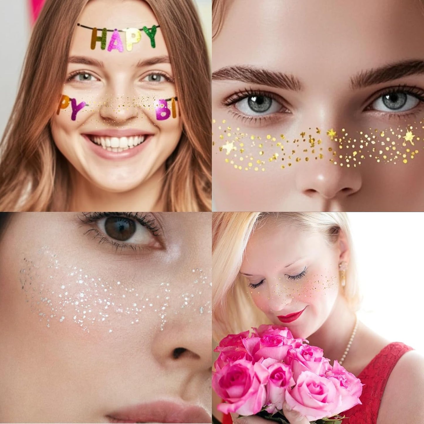 6 Pcs Glittery Tattoos Freckles Gold Foil Glitter Freckles Makeup Speckles Temporary Waterproof Face Tattoos Accessories for Party and Special Occasions