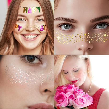 6 Pcs Glittery Tattoos Freckles Gold Foil Glitter Freckles Makeup Speckles Temporary Waterproof Face Tattoos Accessories for Party and Special Occasions