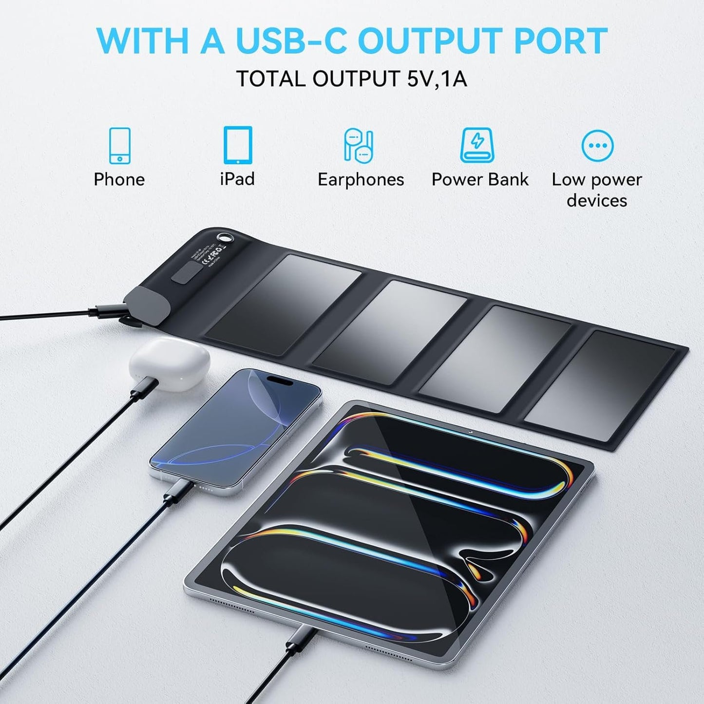 Ecosonique 8W Portable Solar Chargers 5V USB-C Small Power Emergency Foldable Solar Panels for Camping Hiking Backpacking for Phones Smart Watches Fans Flashlight Small Power Banks Battery Packs