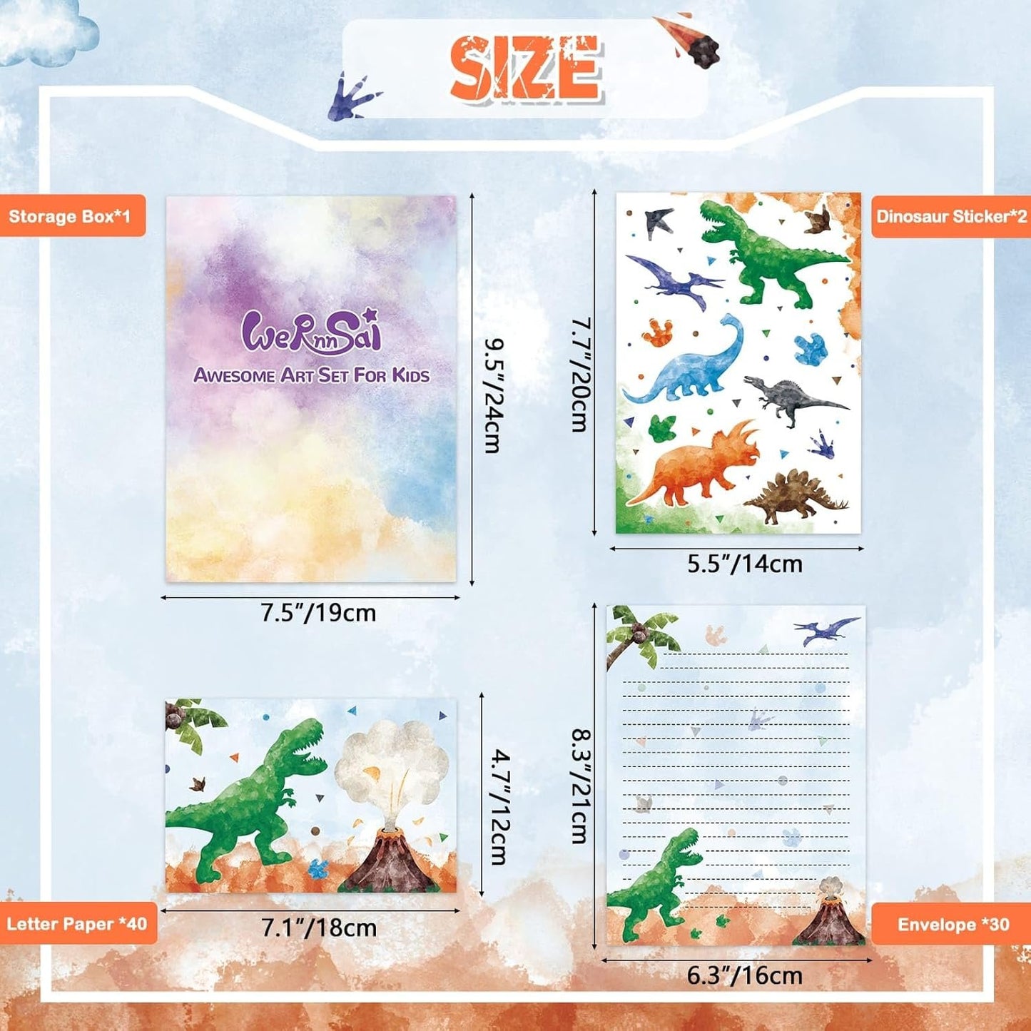 Kids Dinosaur Letter Writing Kit - Boys Stationery Set with Envelopes, Stickers, School Gift Set