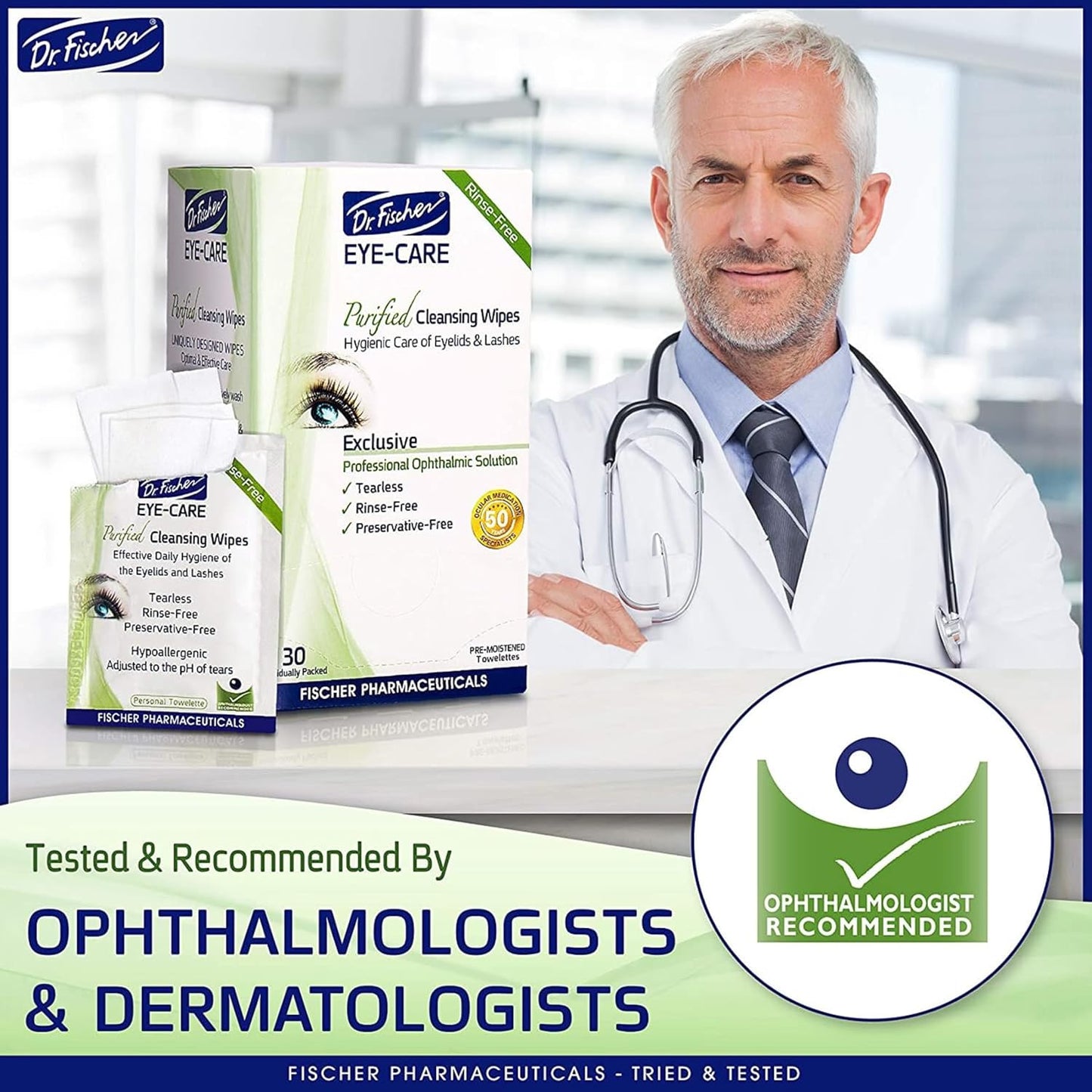 Dr. Fischer Eyelid Wipes. Pre-moistened Eye Wipes for Eyelids. Make-up Remover (Twin Pack)