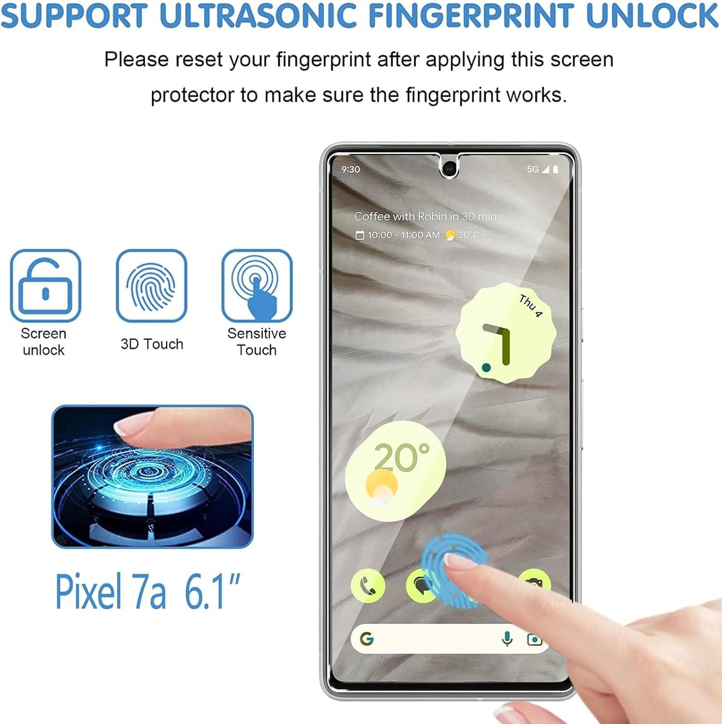 [3+3 Pack] Glass Screen Protector for Google Pixel 7a, 9H Tempered Glass, Ultrasonic Fingerprint Compatible, HD Clear Case Friendly for Google Pixel 7a 5G Glass Screen Protector