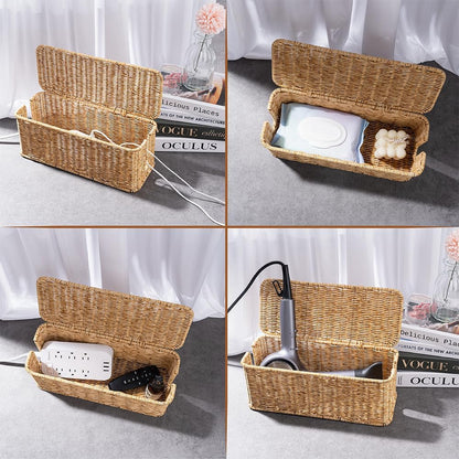 Cable Management Box, Handmade Rattan Cable Organizer, 2 Open Slots Cords Hider Box, Under Desk Cord Organizer for Computer Router USB Hub & Power Strip, Patent Pending, 13" x 5.1" x 5.1", Natural