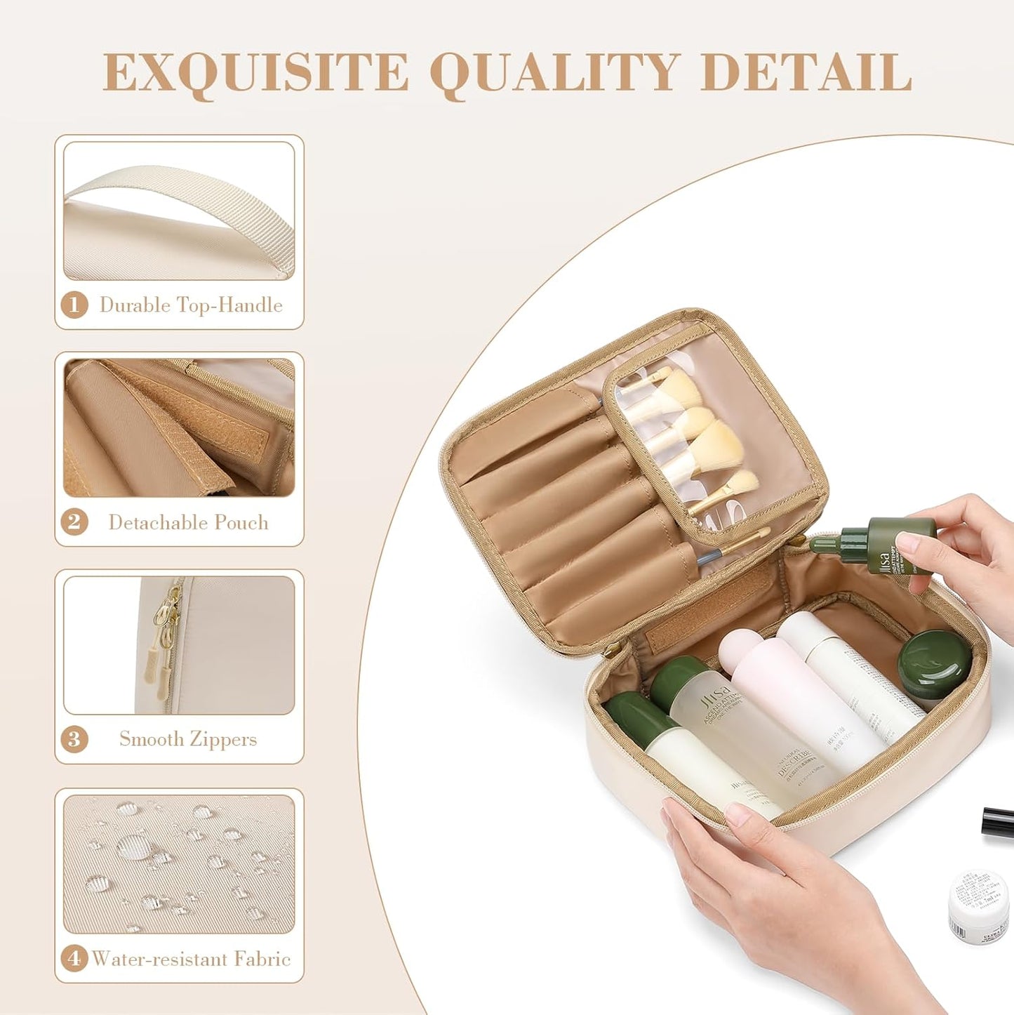 Makeup Bag, Small Travel Makeup Cosmetic Bag for Women, Portable Make up Brushes Holder Bag, Toiletry Bag, Compact Cosmetic Case Organizer, Beige