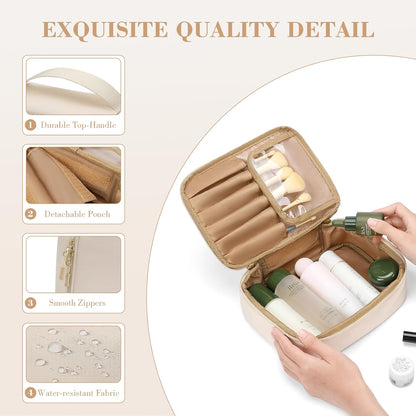 Makeup Bag, Small Travel Makeup Cosmetic Bag for Women, Portable Make up Brushes Holder Bag, Toiletry Bag, Compact Cosmetic Case Organizer, Beige