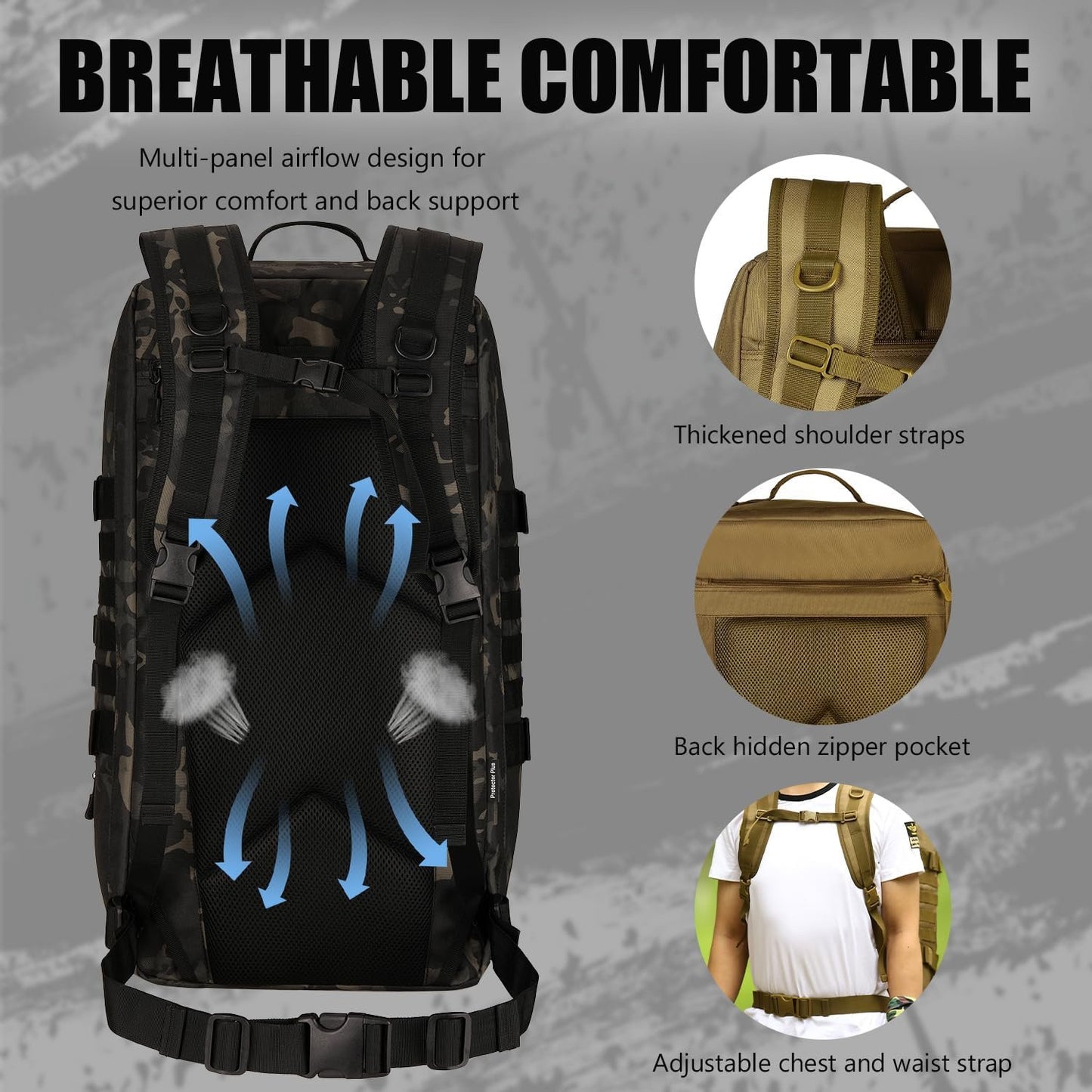 Protector Plus Tactical Travel Backpack 60L Military MOLLE Duffel Bag (Rain Cover & Patch Included)