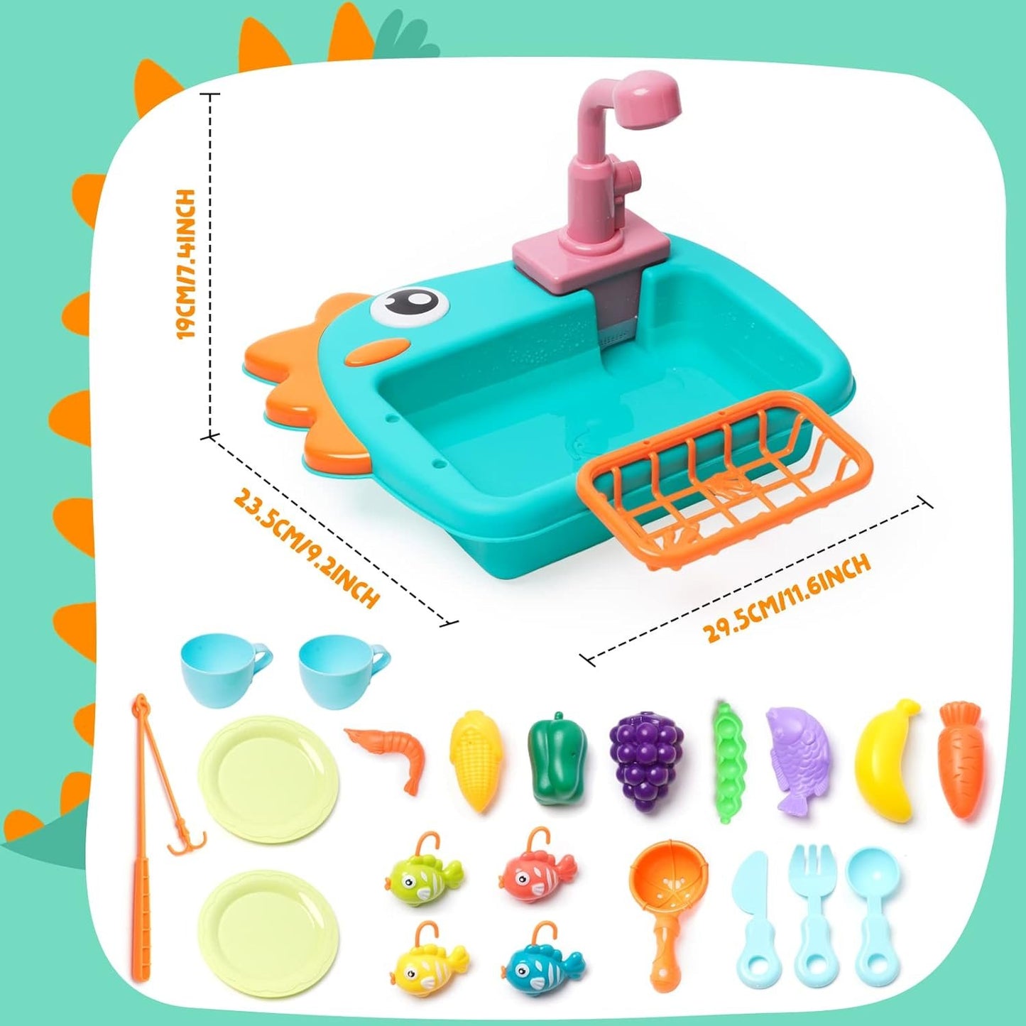 Kitchen Sink Toy with Running Water Dishwasher Play Kitchen Accessories with Automatic Water Circulation Tableware Accessories Vegetable Fruit Fishing Games Gift for Girls and Boys（Green）