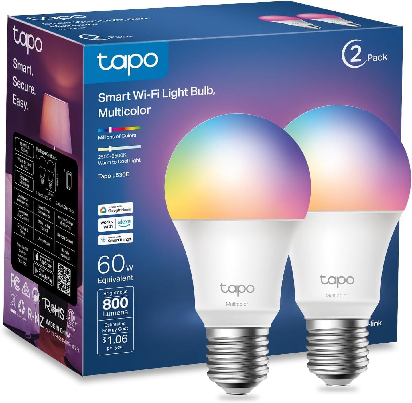 TP-Link Tapo Smart Wi-Fi Light Bulbs, 16M Colors RGBW, Dimmable, Compatible w/Alexa and Google Home, A19, 60W Equivalent, 800LM, 2.4GHz WiFi only, No Hub Required, Tapo L530E(2-Pack)
