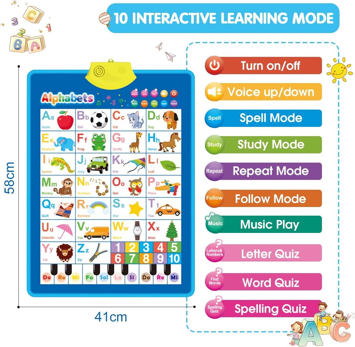 QIZEBABY Electronic Interactive Alphabet Wall Chart for Toddlers,Talking ABC Letters & Numbers & Words & Music &Piano Keyboard Poster,Great Educational Toys for Kids,Preschool Learning Toys for 2 3 4 5 Year Old Boys Girls