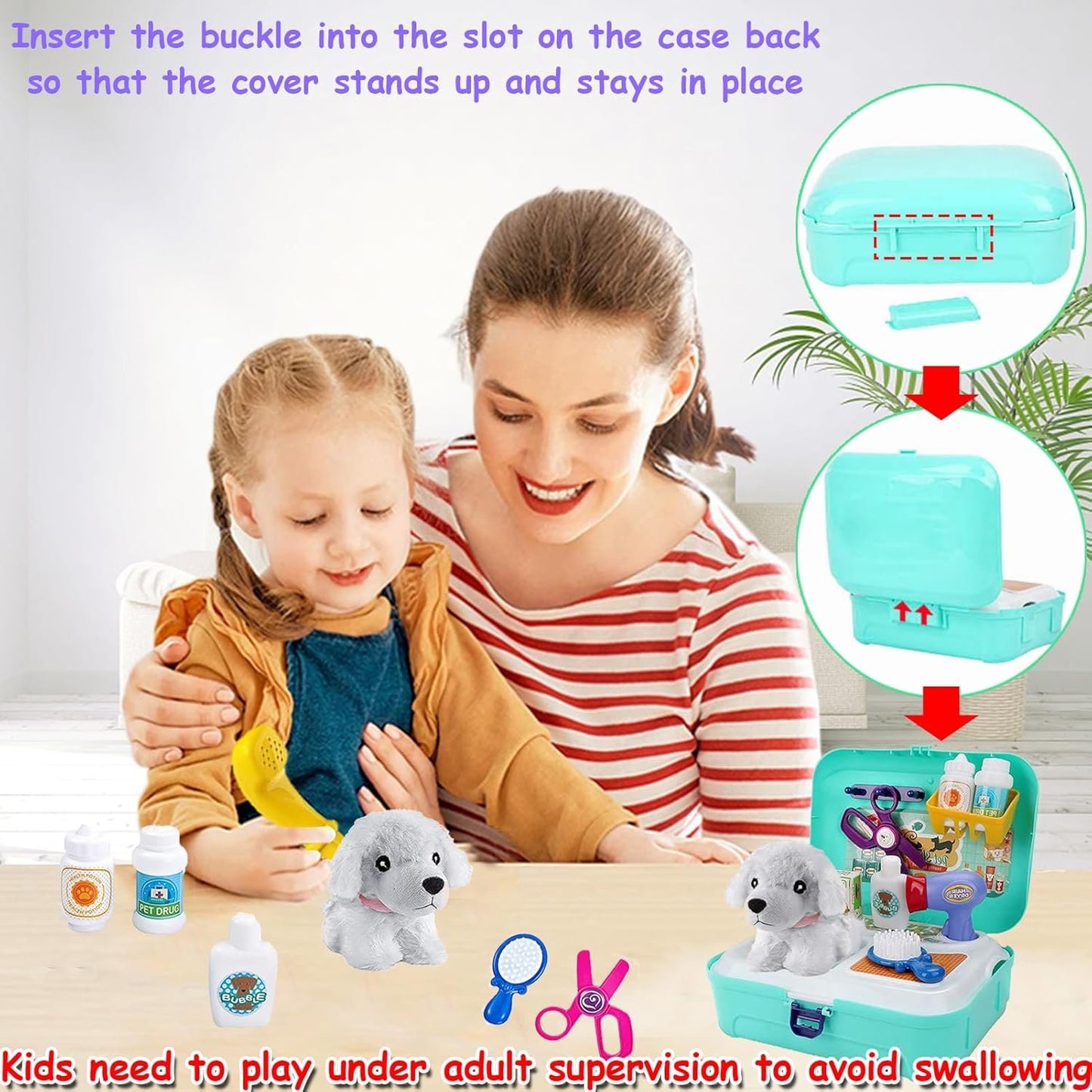 TEUVO Pet Care Play Set Pretend Play Vet Kit for Kids, 16Pcs Doctor Pretend Play Vet Dog Grooming Toys Puppy Dog Carrier Feeding Dog Educational Backpack Gifts for Girls Boys 3-7 Years Old