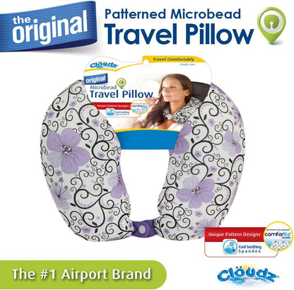 Cloudz Patterned Microbead Airplane Travel Neck Pillow. Customize Your Comfort and Support While Traveling on a Plane, Car, Bus or Train! - Purple Print