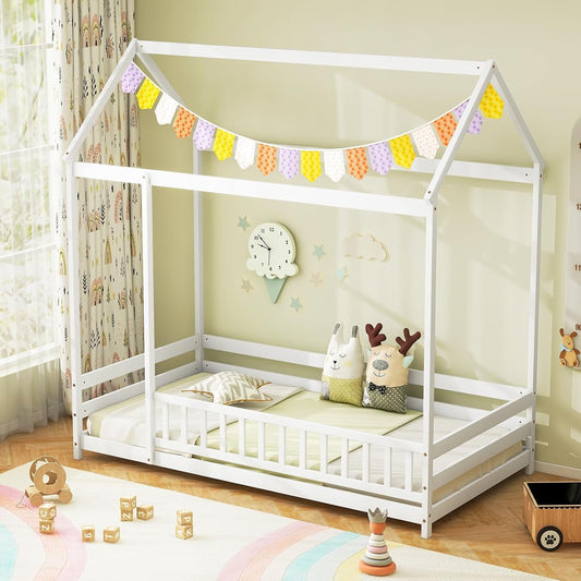 IFANNY Twin Floor Bed, Wooden House Bed with Safety Fence and Roof, Wood Twin Size Platform Playhouse, Low Montessori Bed Frame for Kids, Boys, Girls (White)