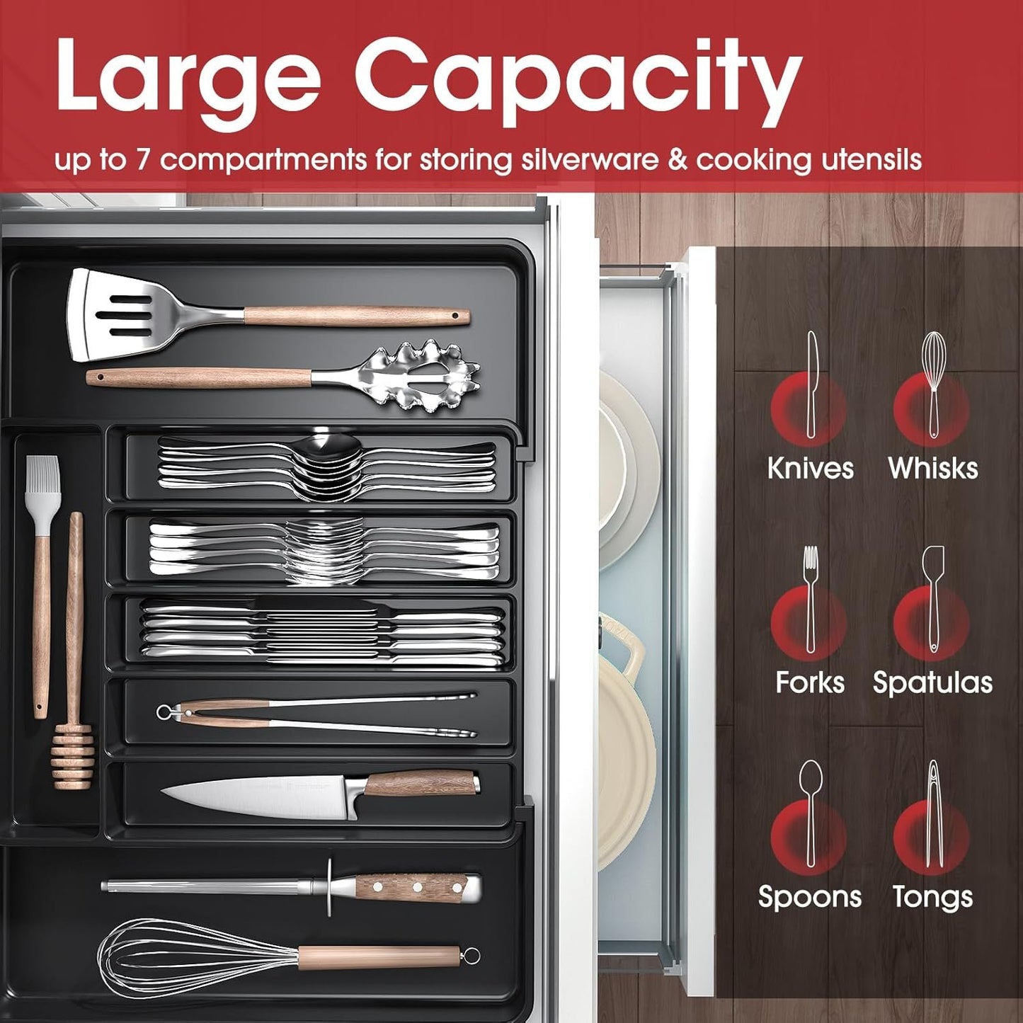 AUJEN Cutlery Organizer - Expandable Utensil Drawer Organizer, Adjustable Cutlery Tray Organizer, Multipurpose Silverware Kitchen Drawer Organizerr for Forks, Knives, Black, 13.6 x 1.7 x 10.2~19.7inch