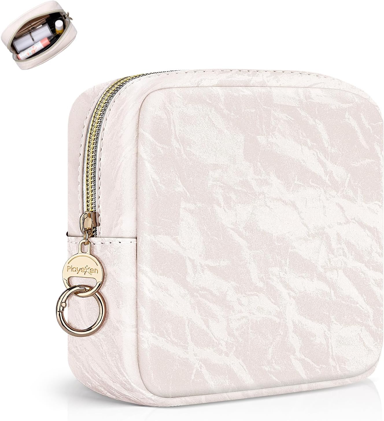 Beauty Case Small Makeup Bag Women Leather Clutch Bag Travel Bag Marble Cosmetic Organizer Bags Makeup Organizer Portable Travel Accessories for Girl Birthday, White, Toiletry Bag