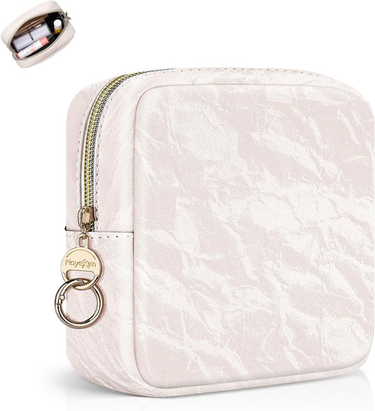 Beauty Case Small Makeup Bag Women Leather Clutch Bag Travel Bag Marble Cosmetic Organizer Bags Makeup Organizer Portable Travel Accessories for Girl Birthday, White, Toiletry Bag