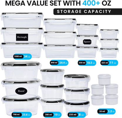 RFAQK 52 Pcs Food Containers with Lids-(26 Clear Plastic Food Storage Containers with 26 Lids) BPA-Free 100% Airtight Kitchen and Pantry Organization, Microwave,Safe with Labels & Marker