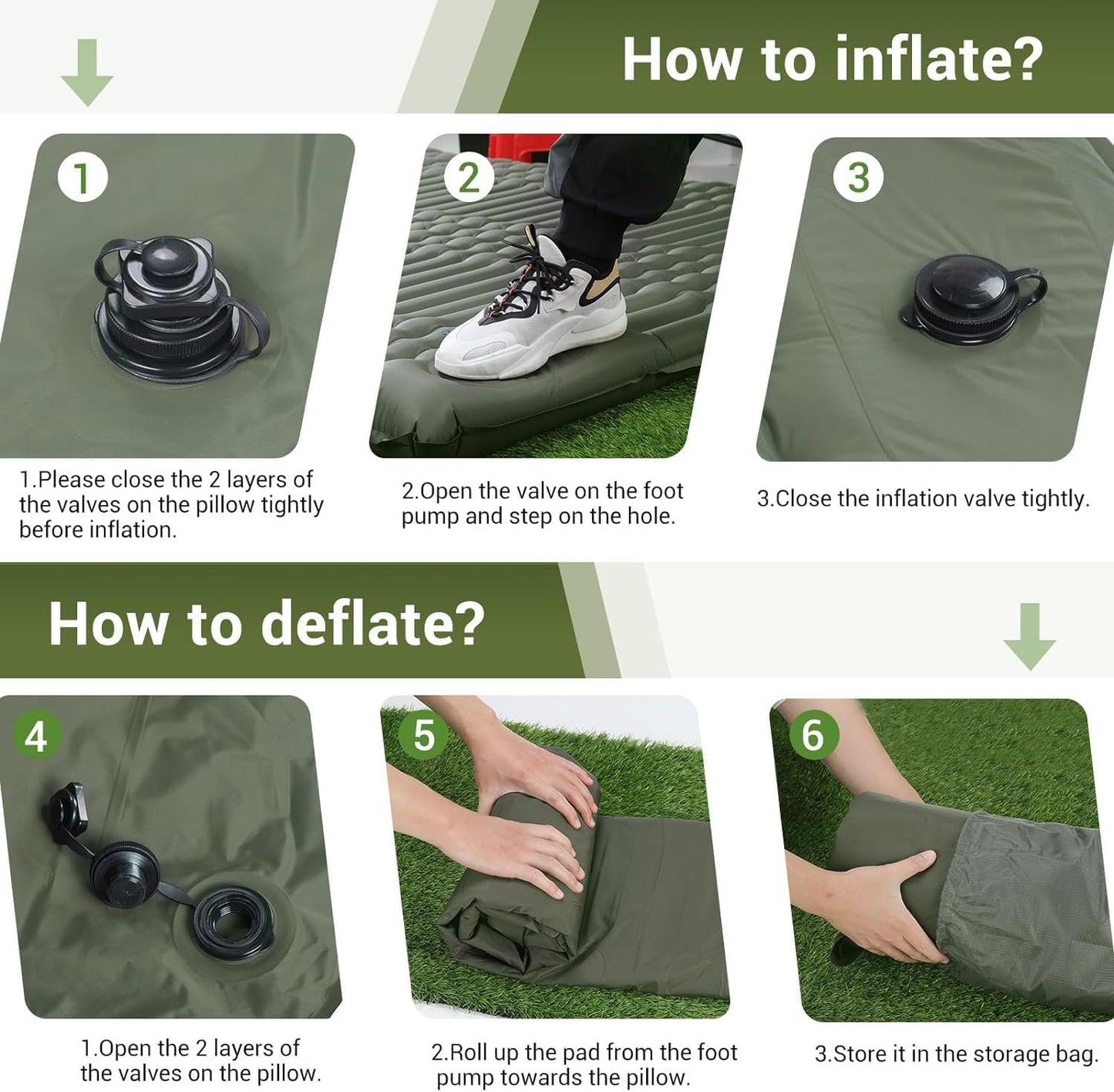 Camping Sleeping Pad-Elegear 4inchUltra-Thick Double Self-Inflating Mattress Camping Waterproof, Air Sleep Mat with Carry Bag Built-in Pillow Foot Pump for Cots Backpacking,Hiking,Camping,Travel,Green