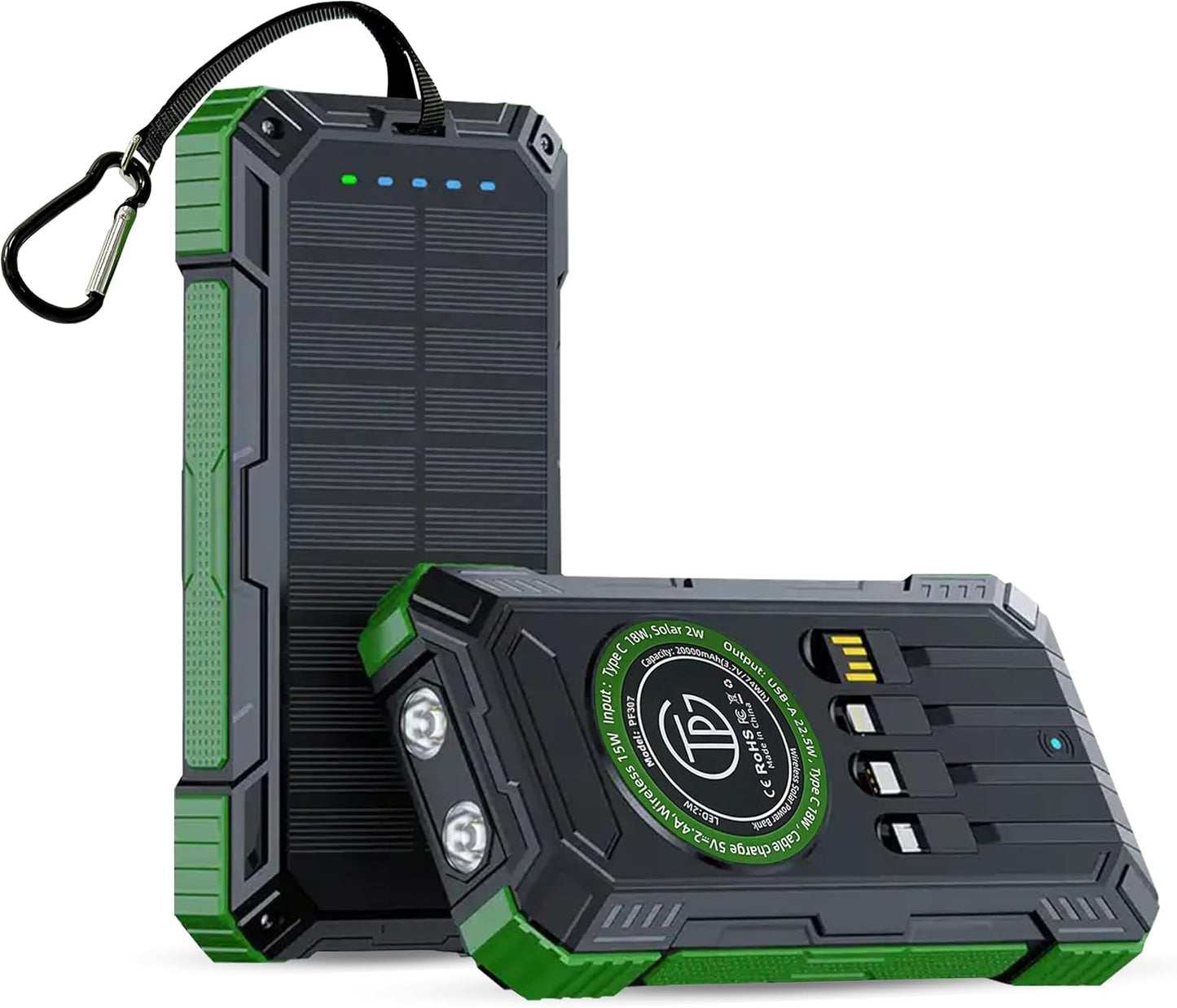 TPG 20000mAh Solar Power Bank with Wireless Charging, 22.5W Output, Portable Charger with Built-in 4 Cables and Flashlight - Ideal Battery Pack for Hiking, Camping, Travel, and Emergency Use
