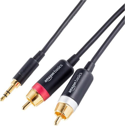 Amazon Basics 3.5mm Stereo Aux to 2 x RCA Audio Cable Adapters, 4 Feet/1.2 m, for Connecting Amplifiers, Speakers, with Gold-Plated Plugs, Black