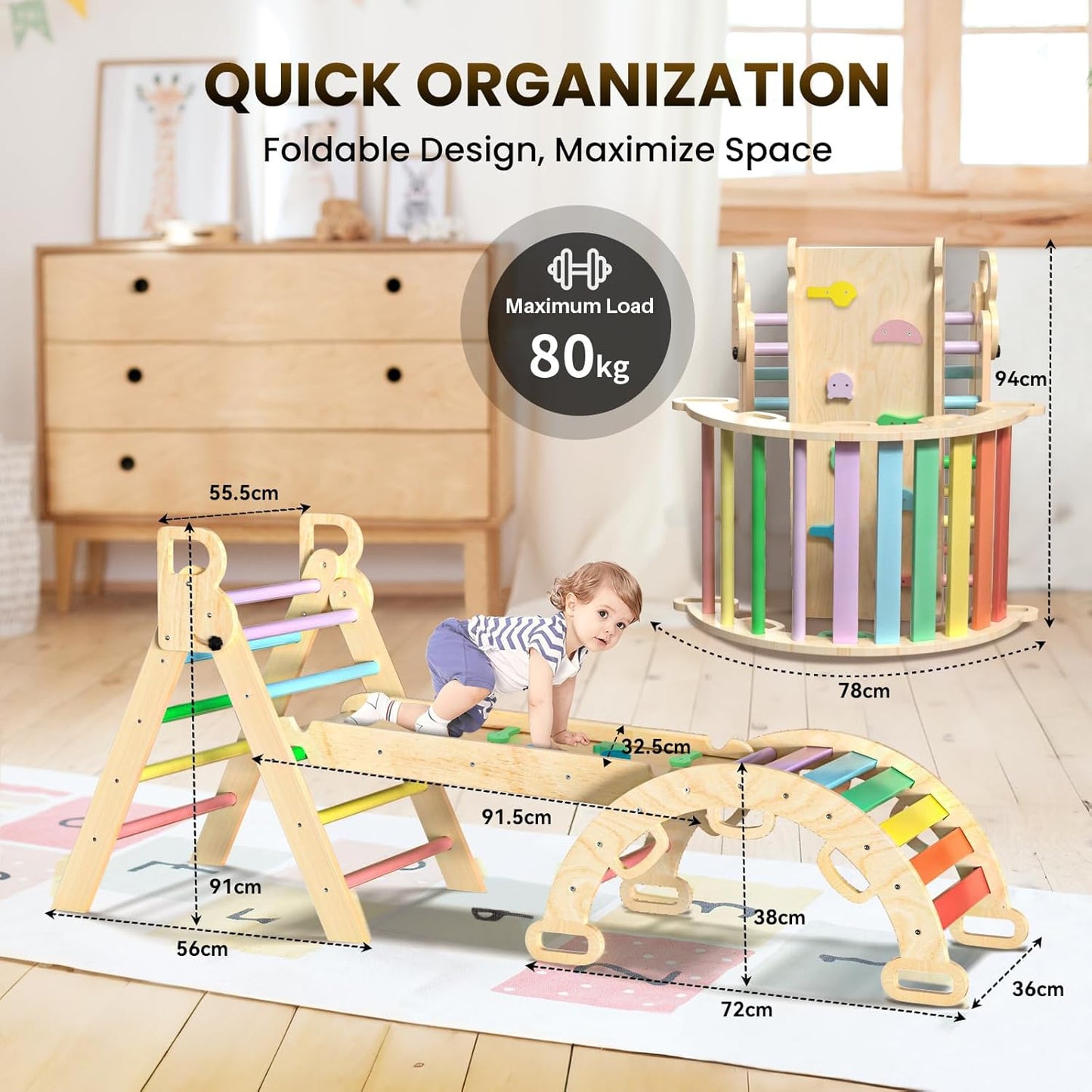 Omebel Pikler Triangle Set, 7 in 1 Foldable Toddler Climbing Toys Wooden Montessori Climbing Set with Arch&Ramp&Ladder Baby Climber Indoor Jungle Gyms for Toddlers Montessori Toys