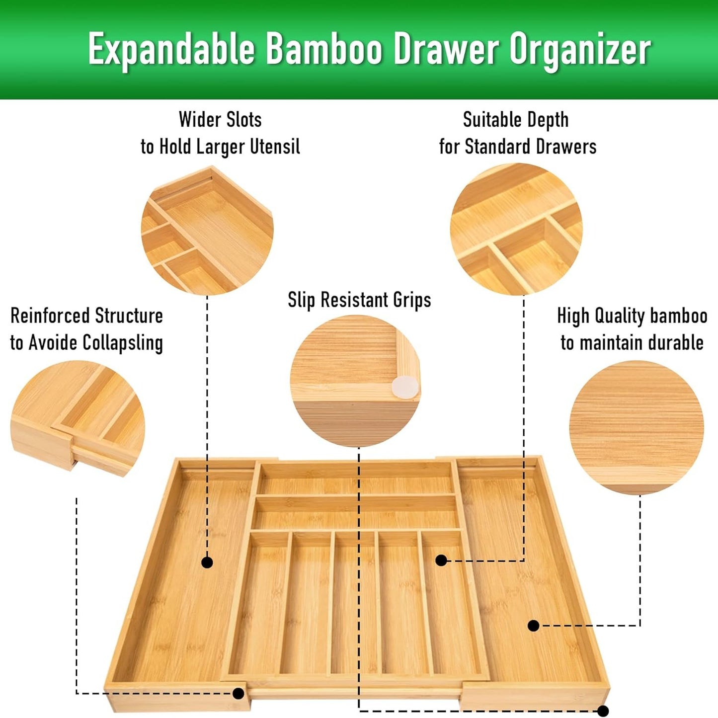 Besilord Silverware Organizer Acacia Wood Utensil Organizer Acacia Kitchen Drawer Organizer Silverware Holder Cutlery Organizer in Drawer Flatware Organizer（9 Slot, Natural)