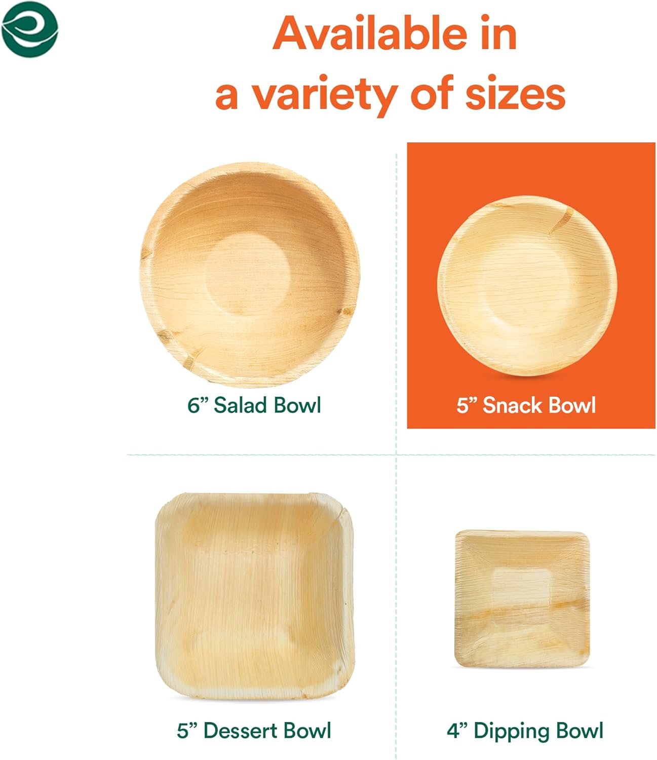 ECO SOUL 100% Compostable Small 5 Inch 8 Oz Palm Leaf Bowls [50-Pack] Disposable Dessert Bowls Bamboo Style I Heavy Duty Eco-Friendly Sturdy Bowl I Biodegradable Eco Bowls