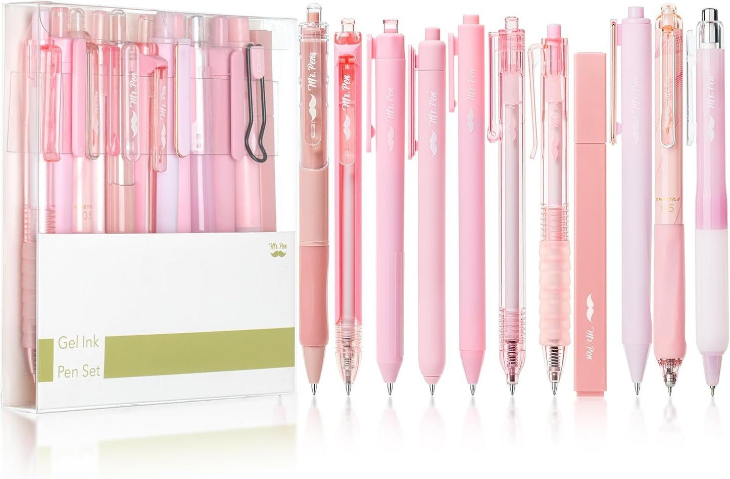 Mr. Pen- Gel Ink Pink Pen Set, 12 Pack, 1 x Aesthetic Highlighter, 0.5mm Cute Pink Pens Black Ink with Pastel Barrels